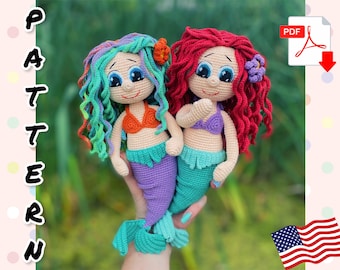 Cute mermaid doll crochet toy pattern. TUTORIAL mermaid doll in English in PDF format. Mermaid doll Amigurumi. DIY mermaid.