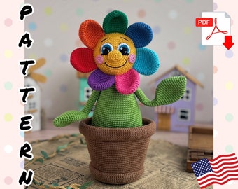 Poupée au crochet, sept fleurs colorées. Motif fleur arc-en-ciel. TUTORIEL poupée fleur en anglais en PDF. Fleur arc-en-ciel motif Amigurumi