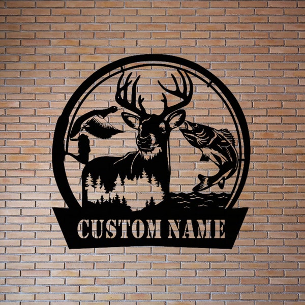 Custom Deer Hunting and Fishing Metal Wall Art, Deer Hunter Name Sign, Metal Deer Family Art, Personalized Metal Sign.