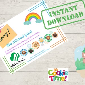 Pode incluir: Um formulário de pedido de biscoitos Girl Scout imprimível com um arco-íris, um logotipo de Girl Scout e o texto "Desculpe! Sentimos sua falta!" e "É hora dos biscoitos!"
