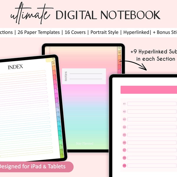 Ultimate Digital Notebook 20 pestañas, cuaderno para estudiantes, notas universitarias y estudiantiles con hipervínculos, notas adhesivas adicionales, para iPad y tableta