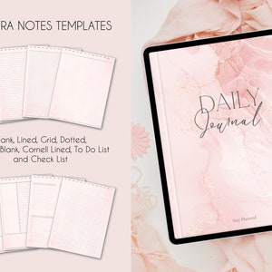 Puede incluir: Un planificador digital con un fondo de m&aacute;rmol rosa y el texto "DAILY Journal" en negro. El planificador tiene ocho plantillas de notas diferentes, incluyendo en blanco, rayado, cuadr&iacute;cula, punteado, Cornell en blanco, Cornell rayado, lista de tareas y lista de verificaci&oacute;n.