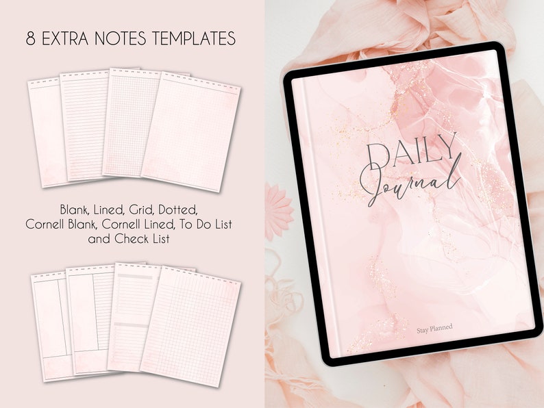 Puede incluir: Un planificador digital con un fondo de m&aacute;rmol rosa y el texto "DAILY Journal" en negro. El planificador tiene ocho plantillas de notas diferentes, incluyendo en blanco, rayado, cuadr&iacute;cula, punteado, Cornell en blanco, Cornell rayado, lista de tareas y lista de verificaci&oacute;n.