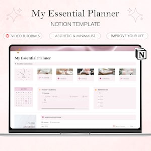 Puede incluir: Una pantalla de computadora portátil que muestra una plantilla de Notion para un planificador esencial. La plantilla incluye secciones para planificar, hábitos, objetivos, diario y notas. La plantilla también incluye un calendario, una lista de tareas y una sección de recordatorios. La plantilla está diseñada para ser estéticamente agradable y minimalista.