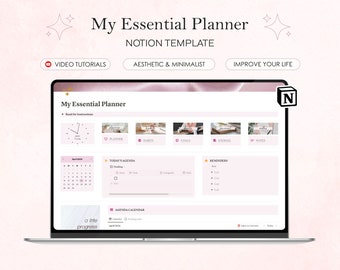 May include: A laptop screen displaying a Notion template for an essential planner. The template includes sections for planning, habits, goals, journaling, and notes. The template also includes a calendar, a to-do list, and a reminders section. The template is designed to be aesthetically pleasing and minimalist.