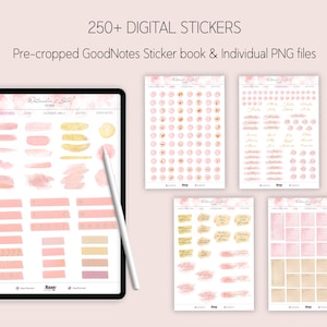 Puede incluir: Un libro de pegatinas digitales con m&aacute;s de 250 pegatinas precortadas para GoodNotes. Las pegatinas tienen un tema de acuarela y oro con colores rosa y dorado. Las pegatinas incluyen varias formas, tama&ntilde;os y dise&ntilde;os, incluidos c&iacute;rculos, cuadrados, rect&aacute;ngulos y pinceladas.