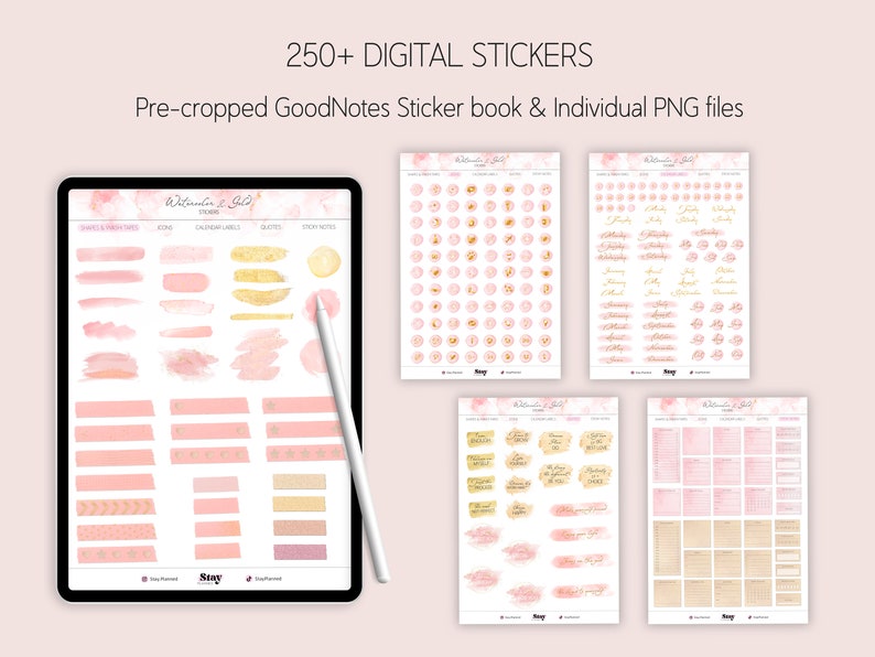 Puede incluir: Un libro de pegatinas digitales con m&aacute;s de 250 pegatinas precortadas para GoodNotes. Las pegatinas tienen un tema de acuarela y oro con colores rosa y dorado. Las pegatinas incluyen varias formas, tama&ntilde;os y dise&ntilde;os, incluidos c&iacute;rculos, cuadrados, rect&aacute;ngulos y pinceladas.