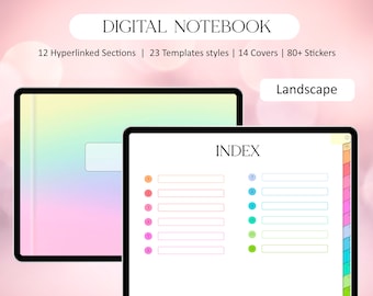Cuaderno digital horizontal, diario digital, secciones y subsecciones con hipervínculos, estudiantes y universidades / para iPad, tableta
