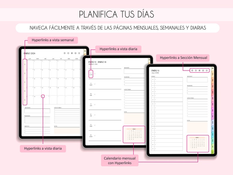 Planificador digital español 2024 con enlaces a Google Calendar para configurar recordatorios, planificador de iPad y tableta, diario de retratos, plantillas minimalistas imagen 4
