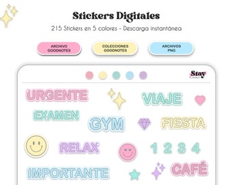 Digital Spanish Words Stickers, Digital Sticker rainbow colors, Stickers Pre-cropped for Goodnotes, Planner stickers
