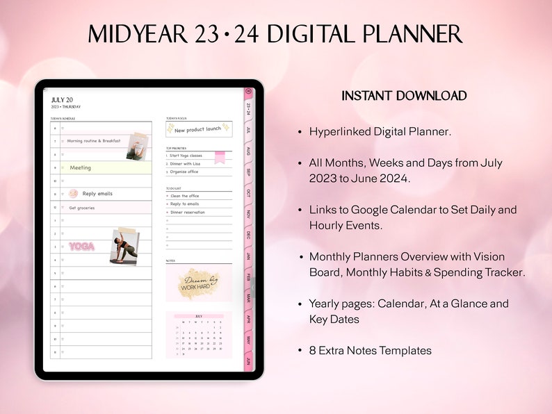 Digital Planner linked to Google Calendar, Set Reminders 2023 2024 Mid Year Planner, Goodnotes Portrait Planner, Google Calendar Links image 10