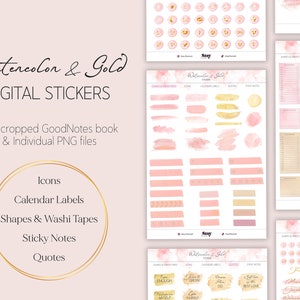 Puede incluir: Pegatinas digitales en un tema de acuarela y oro. Las pegatinas incluyen iconos, etiquetas de calendario, formas, cintas washi, notas adhesivas y citas. Las pegatinas est&aacute;n precortadas para GoodNotes y est&aacute;n disponibles como archivos PNG individuales.