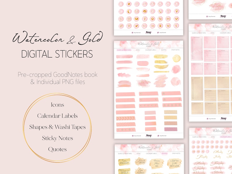 Puede incluir: Pegatinas digitales en un tema de acuarela y oro. Las pegatinas incluyen iconos, etiquetas de calendario, formas, cintas washi, notas adhesivas y citas. Las pegatinas est&aacute;n precortadas para GoodNotes y est&aacute;n disponibles como archivos PNG individuales.