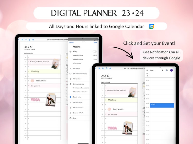 Digital Planner linked to Google Calendar, Set Reminders 2023 2024 Mid Year Planner, Goodnotes Portrait Planner, Google Calendar Links image 2