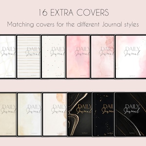 Puede incluir: Una colecci&oacute;n de 16 portadas de diarios digitales con diferentes dise&ntilde;os. Las portadas son de varios colores y patrones, incluyendo geom&eacute;trico, a rayas, acuarela, m&aacute;rmol y brillo. El texto "DAILY JOURNAL" aparece en cada portada.