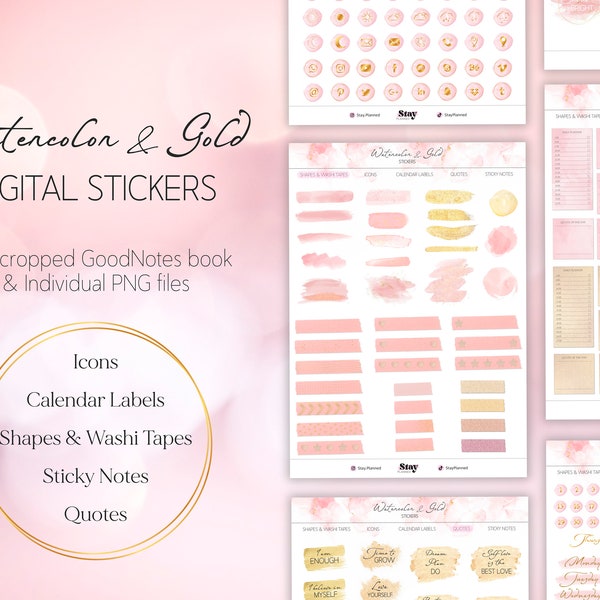 Watercolor & Gold Digital Stickers, Minimalist stickers for planner or journal, Precropped GoodNotes, Aesthetic Stickers