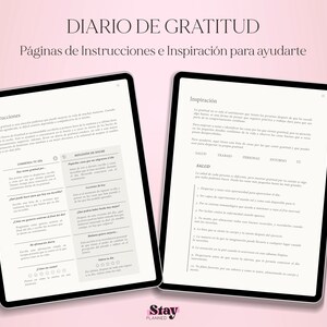 Pu&ograve; includere: Un planner digitale rosa e bianco con il titolo "Diario de Gratitud" e il testo "P&aacute;ginas de Instrucciones e Inspiraci&oacute;n para ayudarte". Il planner include istruzioni per l'utilizzo del diario e ispirazione per la gratitudine.