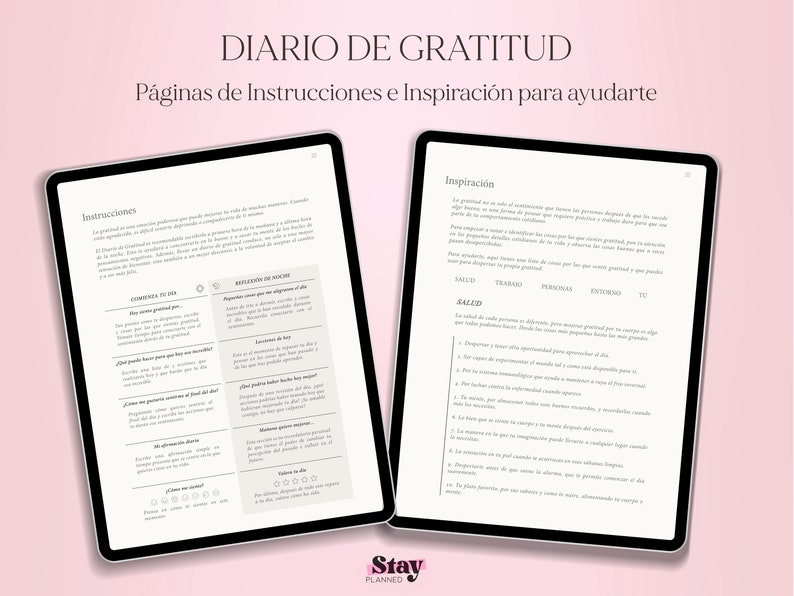 Pu&ograve; includere: Un planner digitale rosa e bianco con il titolo "Diario de Gratitud" e il testo "P&aacute;ginas de Instrucciones e Inspiraci&oacute;n para ayudarte". Il planner include istruzioni per l'utilizzo del diario e ispirazione per la gratitudine.