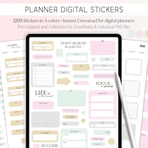 Pegatinas y widgets digitales para planificadores, pegatinas esenciales motivacionales estéticas y de productividad, libro de pegatinas de GoodNotes, planificador digital para iPad
