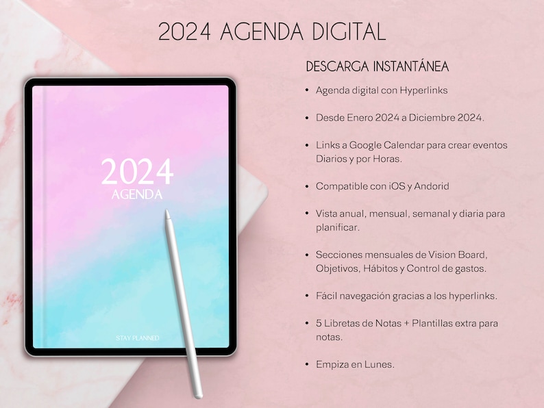 Planificador digital español 2024 con enlaces a Google Calendar para configurar recordatorios, planificador de iPad y tableta, diario de retratos, plantillas minimalistas imagen 9