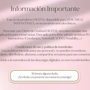 Pu&ograve; includere: Sfondo rosa con testo bianco che descrive informazioni importanti su un diario di gratitudine digitale. Il testo indica che il prodotto &egrave; un download digitale e non un articolo fisico. Menziona anche che il diario richiede un'app per prendere appunti che supporti i file PDF. Il testo include anche informazioni sui termini di utilizzo e la politica di rimborso.