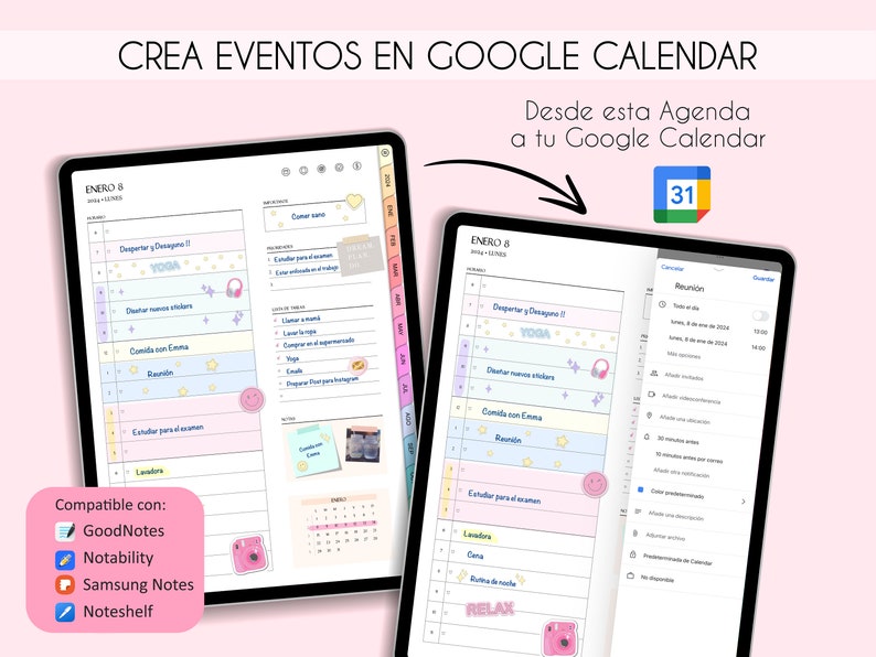 Planificador digital español 2024 con enlaces a Google Calendar para configurar recordatorios, planificador de iPad y tableta, diario de retratos, plantillas minimalistas imagen 2