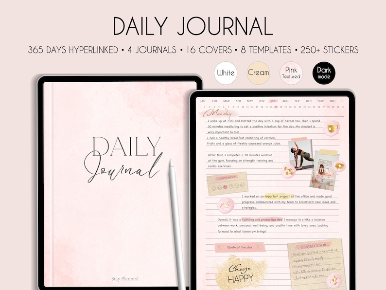 Puede incluir: Una agenda digital rosa y blanca con el texto "DAILY JOURNAL" en la portada. La agenda est&aacute; abierta en una p&aacute;gina con el texto "Lunes" y una agenda diaria. La agenda incluye 365 d&iacute;as de p&aacute;ginas hipervinculadas, 4 agendas, 16 portadas, 8 plantillas y m&aacute;s de 250 pegatinas.