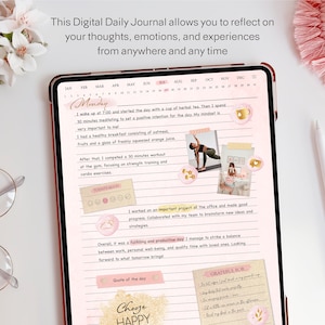 Puede incluir: Una aplicaci&oacute;n de diario digital en una tableta con fondo rosa y blanco. El diario est&aacute; abierto en una p&aacute;gina de lunes con un horario diario, un rastreador de humor y una lista de gratitud. El texto en la pantalla dice "Este diario digital diario te permite reflexionar sobre tus pensamientos, emociones y experiencias desde cualquier lugar y en cualquier momento."