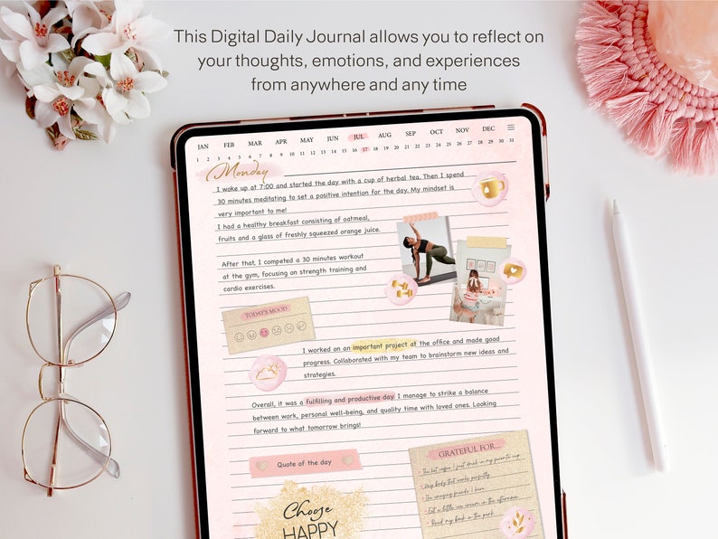 Puede incluir: Una aplicaci&oacute;n de diario digital en una tableta con fondo rosa y blanco. El diario est&aacute; abierto en una p&aacute;gina de lunes con un horario diario, un rastreador de humor y una lista de gratitud. El texto en la pantalla dice "Este diario digital diario te permite reflexionar sobre tus pensamientos, emociones y experiencias desde cualquier lugar y en cualquier momento."