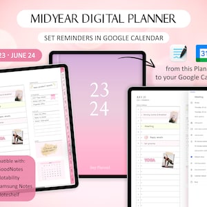 Digital Planner linked to Google Calendar, Set Reminders 2023 2024 Mid Year Planner, Goodnotes Portrait Planner, Google Calendar Links image 1