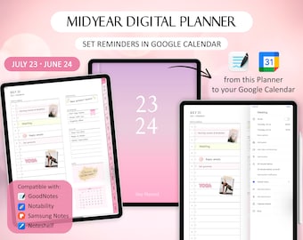 Agenda numérique lié à Google Calendar, agenda semestriel 2023 et 2024 pour rappels, agenda portrait Goodnotes, liens Google Calendar