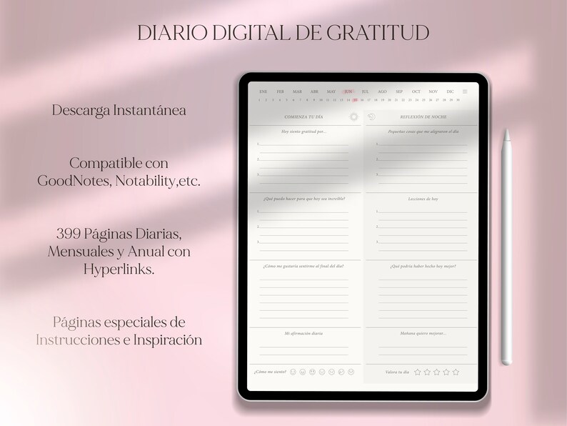 Pu&ograve; includere: Un diario digitale di gratitudine sullo schermo di un tablet. Il diario ha un calendario, suggerimenti giornalieri e sezioni di riflessione. Il testo sullo schermo recita "DIARIO DIGITAL DE GRATITUD" e "COMENZA TU DIA".