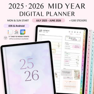 2025 2026 Mid Year Digital Planner, iPad & Android, Dated Monthly Weekly Daily, Portrait, GoodNotes, Notability, Noteshelf, Life Planner