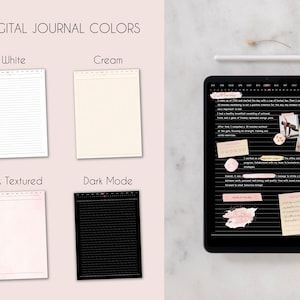 Puede incluir: Cuatro plantillas de diario digital en diferentes colores: blanco, crema, rosa texturizado y modo oscuro. La plantilla en modo oscuro muestra un diario digital con texto y pegatinas.