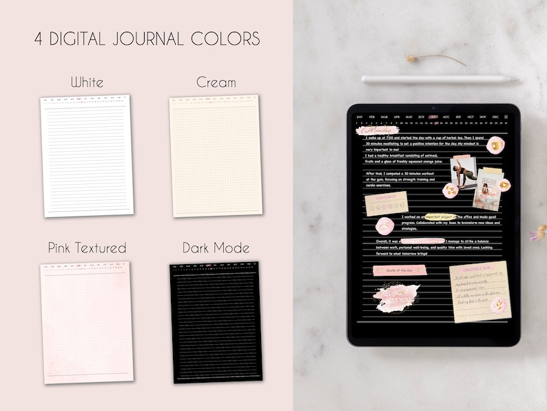 Puede incluir: Cuatro plantillas de diario digital en diferentes colores: blanco, crema, rosa texturizado y modo oscuro. La plantilla en modo oscuro muestra un diario digital con texto y pegatinas.