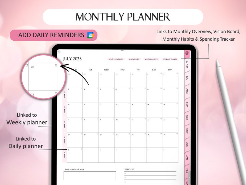 Digital Planner linked to Google Calendar, Set Reminders 2023 2024 Mid Year Planner, Goodnotes Portrait Planner, Google Calendar Links image 4