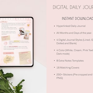 Puede incluir: Un diario digital diario con un esquema de color rosa y blanco. El diario incluye una variedad de funciones, como entradas diarias hipervinculadas, todos los meses y d&iacute;as del a&ntilde;o, cuatro estilos de diario digital, cuatro opciones de color, ocho plantillas de notas adicionales, diecis&eacute;is cubiertas a juego y m&aacute;s de 250 pegatinas.