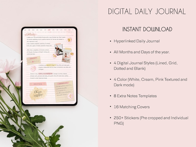 Puede incluir: Un diario digital diario con un esquema de color rosa y blanco. El diario incluye una variedad de funciones, como entradas diarias hipervinculadas, todos los meses y d&iacute;as del a&ntilde;o, cuatro estilos de diario digital, cuatro opciones de color, ocho plantillas de notas adicionales, diecis&eacute;is cubiertas a juego y m&aacute;s de 250 pegatinas.