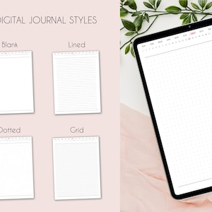 Puede incluir: Cuatro estilos de diario digital: en blanco, rayado, punteado y cuadr&iacute;cula. El estilo de cuadr&iacute;cula se muestra en una tableta con un encabezado de calendario.