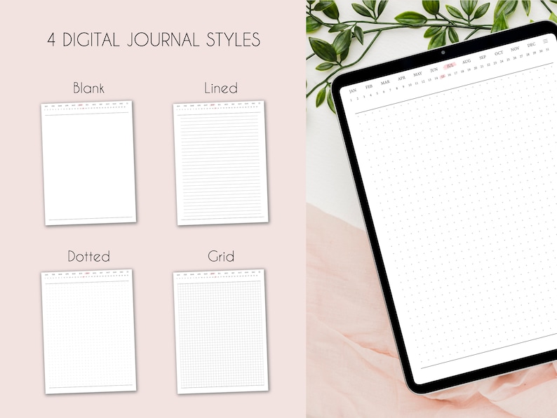 Puede incluir: Cuatro estilos de diario digital: en blanco, rayado, punteado y cuadr&iacute;cula. El estilo de cuadr&iacute;cula se muestra en una tableta con un encabezado de calendario.
