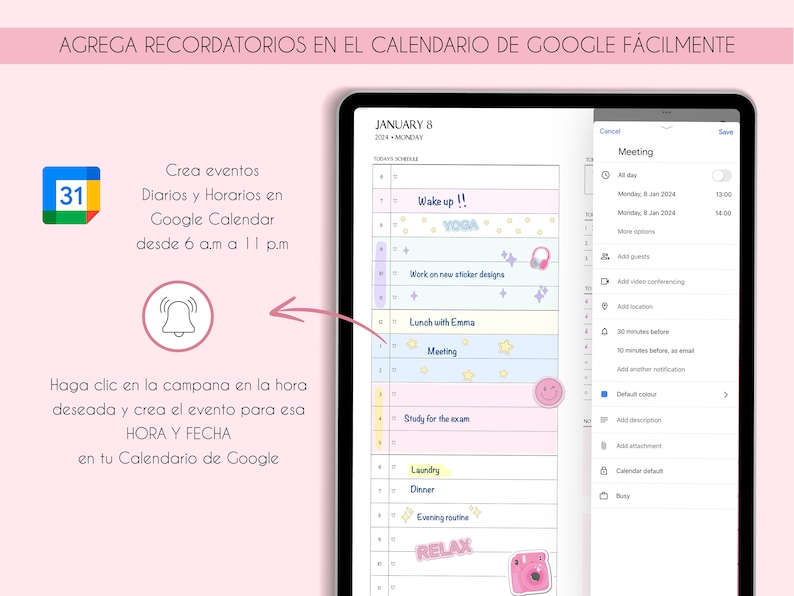 Planificador digital español 2024 con enlaces a Google Calendar para configurar recordatorios, planificador de iPad y tableta, diario de retratos, plantillas minimalistas imagen 3