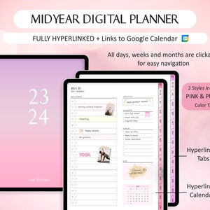 Digital Planner linked to Google Calendar, Set Reminders 2023 2024 Mid Year Planner, Goodnotes Portrait Planner, Google Calendar Links image 3