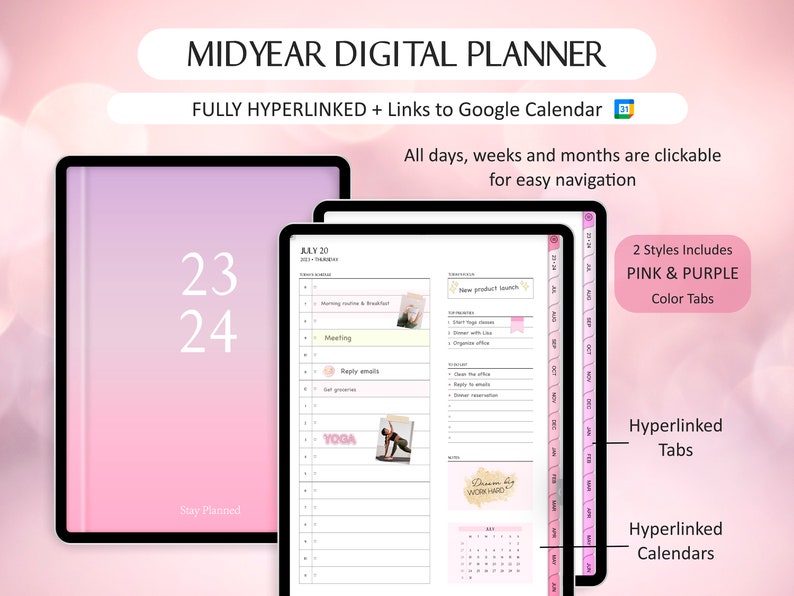 Digital Planner linked to Google Calendar, Set Reminders 2023 2024 Mid Year Planner, Goodnotes Portrait Planner, Google Calendar Links image 3