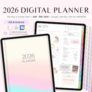 May include: Digital planner for 2026, displayed on a tablet with a gradient cover. The planner includes daily and hourly events, and Google Calendar links for Android and iOS. Tabs for each month are visible.