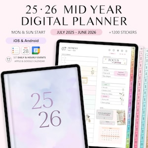 Agenda digitale di metà anno 2025-2026, per iPad e Android, con data mensile, settimanale e giornaliera, ritratto, GoodNotes, Notability, Noteshelf, Life Planner