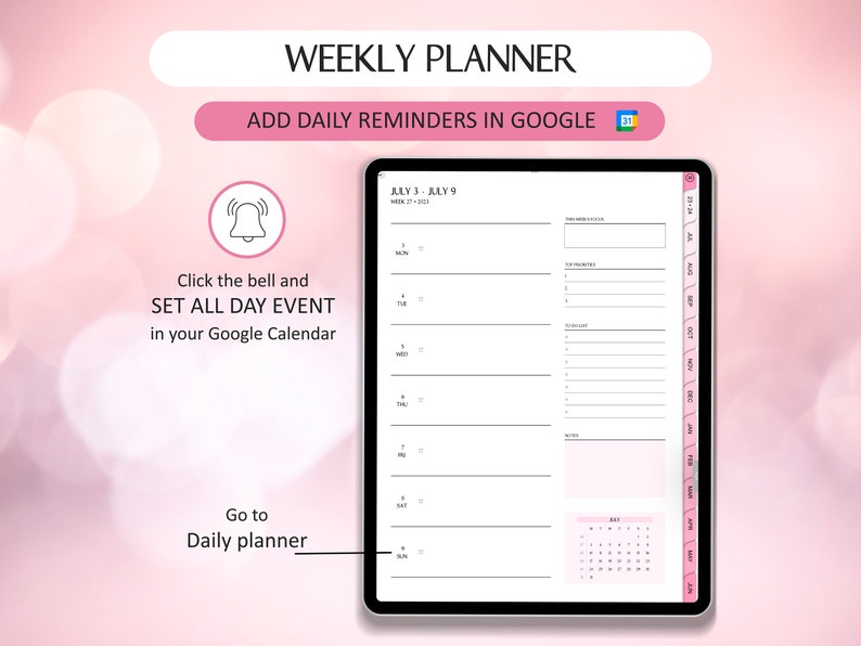 Digital Planner linked to Google Calendar, Set Reminders 2023 2024 Mid Year Planner, Goodnotes Portrait Planner, Google Calendar Links image 5