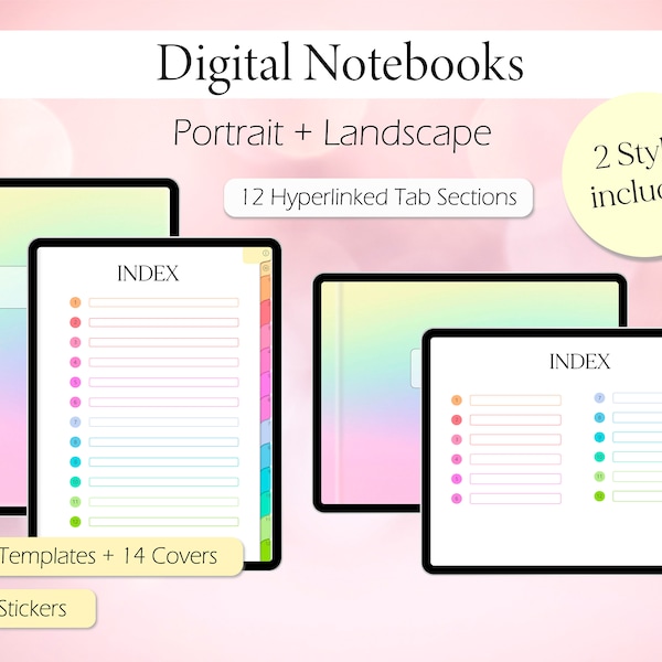 Digital Notebook, Portrait & Landscape, Digital Journal, 12 Hyperlinked Sections, 23 Paper Templates, For iPad or Tablet