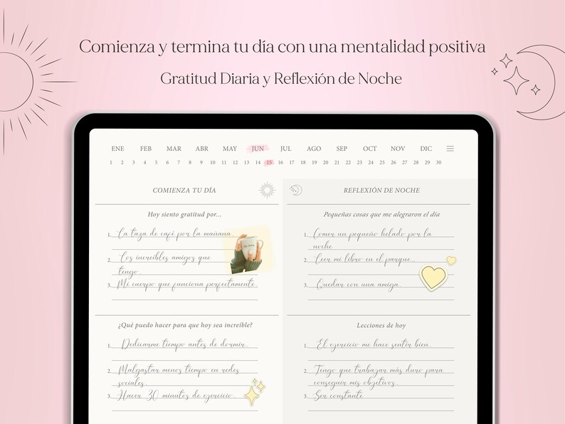 Pu&ograve; includere: Un planner digitale con un calendario, una sezione per la gratitudine quotidiana e una sezione per la riflessione notturna. Il planner ha uno sfondo grigio chiaro con un bordo bianco. Il testo &egrave; in spagnolo. Il calendario mostra i mesi dell'anno in spagnolo. La sezione di gratitudine ha l'intestazione "Comienza tu d&iacute;a" e la sezione di riflessione ha l'intestazione "Reflexi&oacute;n de noche".