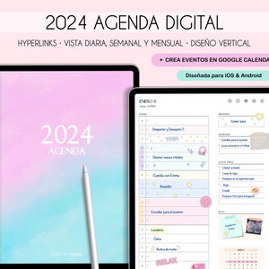 Planificador digital español 2024 con enlaces a Google Calendar para configurar recordatorios, planificador de iPad y tableta, diario de retratos, plantillas minimalistas imagen 1