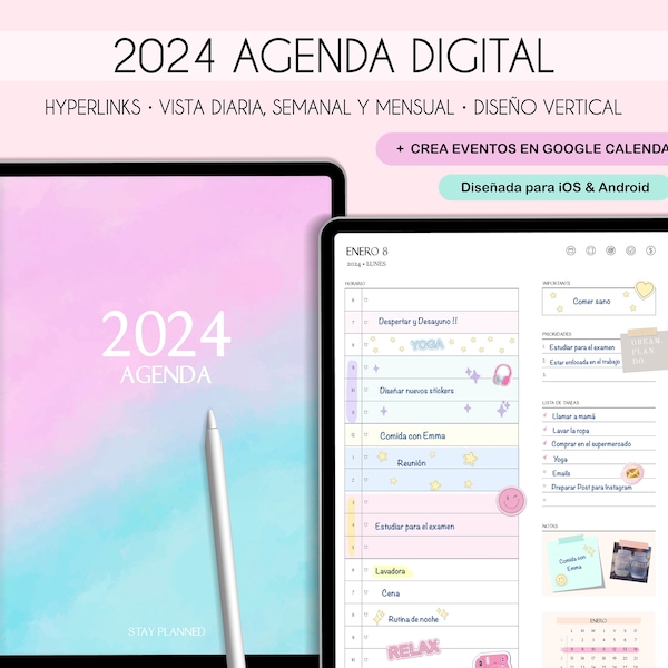 Planificador digital español 2024 con enlaces a Google Calendar para configurar recordatorios, planificador de iPad y tableta, diario de retratos, plantillas minimalistas